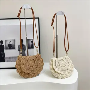 Crochet Crossbody Bag for Women, Boho Summer Knitted Small Round Shoulder Purse, Lightweight One-Shoulder Beach Aesthetic Handbag for Vacation Travel Seaside Resort