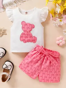 3-piece Set Of Baby Girl Elegant, Sweet, Soft And Comfortable Cartoon Bear Embroidery Decal Ruffle Top And Letter Pattern Sports Shorts With Belt Suitable For Casual Daily Vacations And Outings