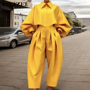 UOOZEE Women's 2-Piece Minimalist Casual Formal Set Clothes, Collared Neck Long-Sleeve Loose Blouse with Button Closure & Pleated Pockets, High-Low Loose Polyester Pleated Pants (2 Piece Sets Women),summervibes