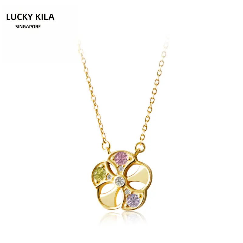 [Singapore LUCKY KILA] Elegant Flower Pendant Necklace with Multicolor Gemstones and Gold Chain for Women