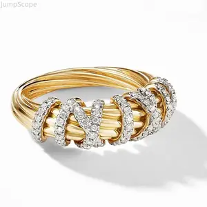 Women's Boho Statement Ring, Golden Interlocking Twisted Rope Ring with Sparkling Rhinestone Accents, Durable Fashion Finger Jewelry for Daily & Special Occasions