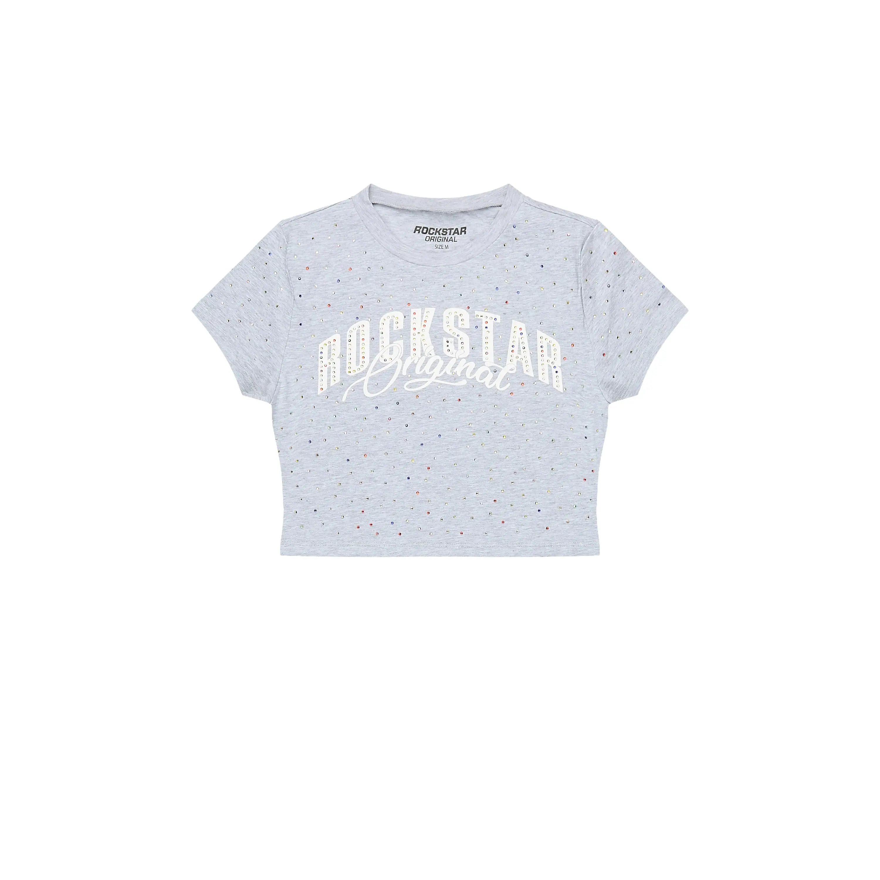 Franchesca Heather Grey Rhinestone Crop Baby Tee Shirt