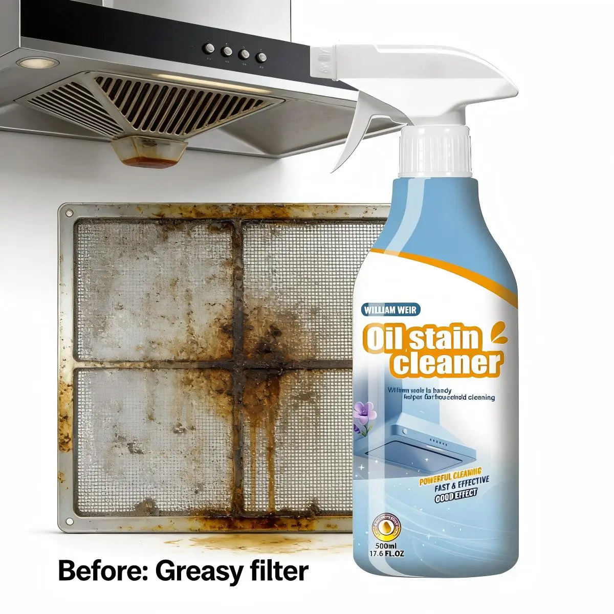 500ml Household Kitchen Oil Stain Detergent Spray, Multi-Surface Degreaser Kitchen Cleaning Product, No-Rinse Fast-Acting Efficient Cleaner for Pots, Pans, Countertops, 1 Bottle with 1 Sprayer Set for Cleaning and Organizing
