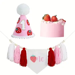 Strawberry Themed Birthday Party Decoration Set, 2 Counts/set Including 1st Birthday Party Banner & Birthday Hat, Photo Props, Party Supplies