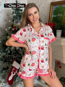 2-piece set of milk tea cups, gingerbread, snowflake candy, Christmas tree print, Christmas short sleeved shorts, soft, comfortable, skin friendly, smooth top, small pocket, button closure, elastic waistband, suitable for all seasons home, casual wear, pa