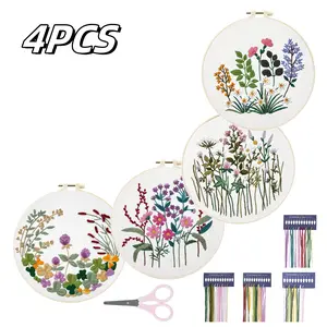 4PCS Embroidery Kit for Beginners, Fabric Cross Stitch Kits for Adults, DIY Embroidery Starter Kits with Floral Flower Patterns, Embroidery Hoops, Clothes, Threads and Needles