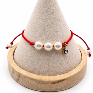 Lucky Protection Bracelet with Pearl Accents and Evil Eye Charm Red Cord Jewelry for Women