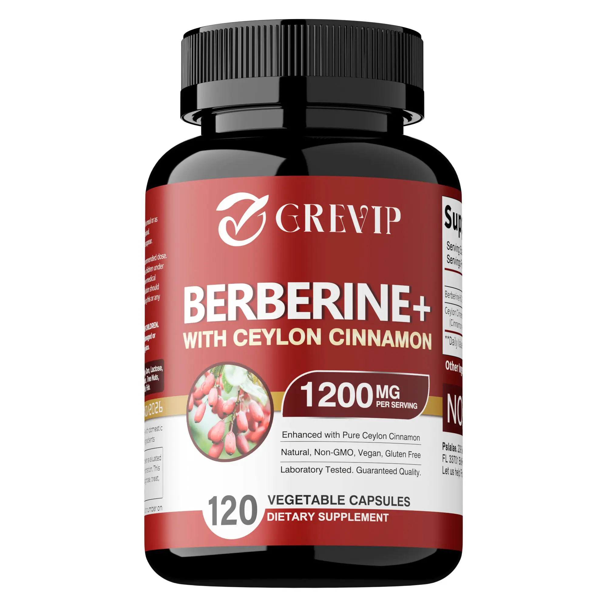 GREVIP - Berberine + Ceylon Cinnamon Extract - Supports Digestive and Immune Health - 120 Dietary Capsule Supplement