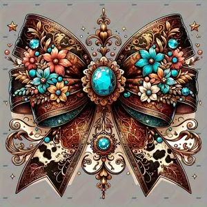 4 Western Cowboy Bows with Turquoise Floral, Hearts and Diamonds Heat Transfer Stickers, Sizes Large and Small, Vintage Southwest Design, Washable and Durable Vinyl Fabric Patches, Suitable for T-Shirts, Jeans, Bags, Hats, Pillows, DIY Crafts