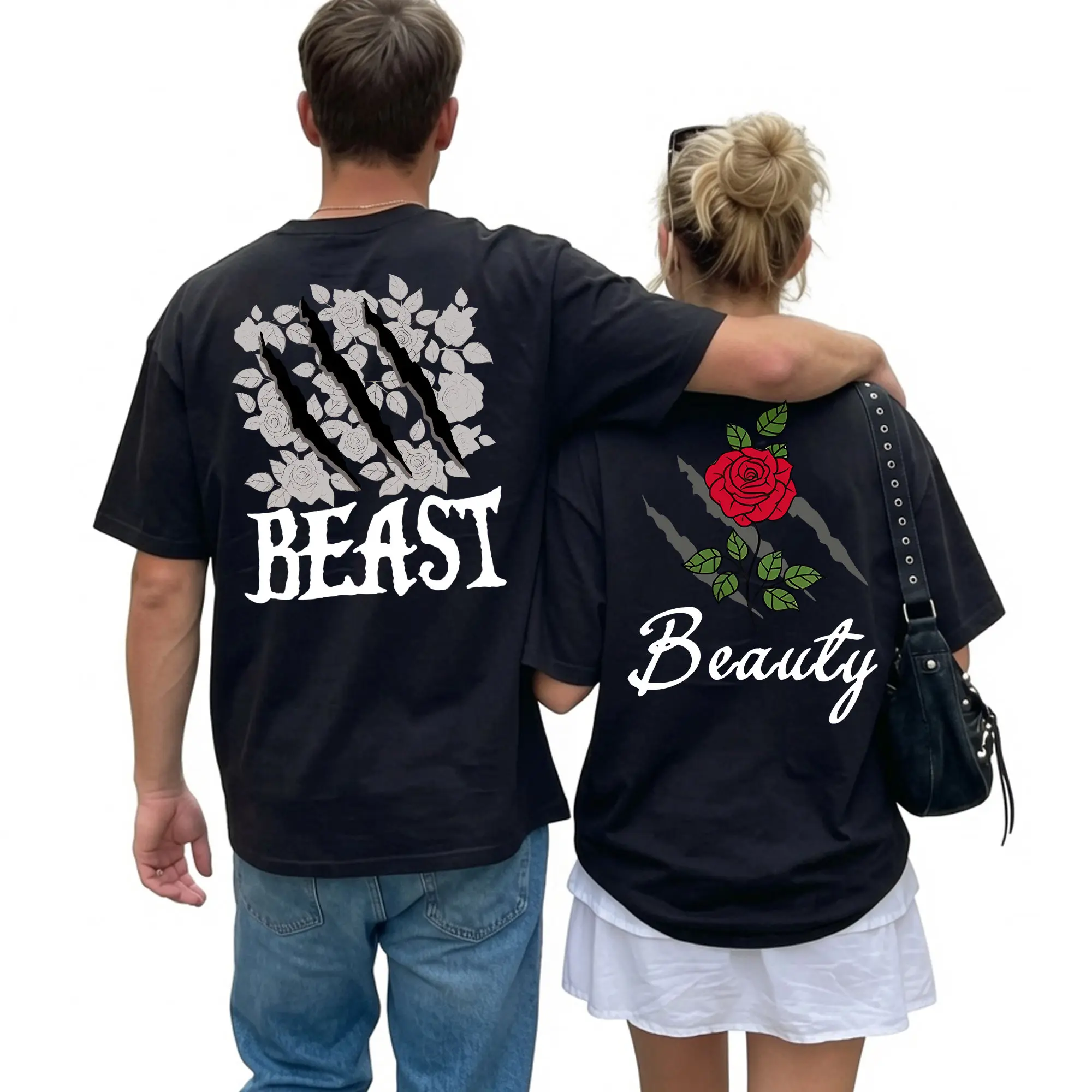 1Pc, Women's Casual Cotton Printed Matching Couples Shirt, Beauty And Beast Couple T-Shirt, Girlfriend shirt for bf, Husband and Wife Gifts