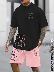 Men's Cartoon Bear Print Short Sleeve Tee & Shorts Two-piece Set, Regular Fit Casual Round Neck T-shirt & Track Shorts, Summer Outfits Clothes Set for Men