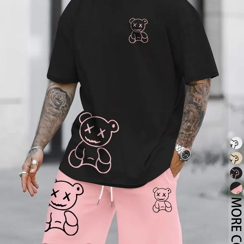Men's Cartoon Bear Print Short Sleeve Crewneck Tee & Shorts Two-piece Set, Regular Fit Casual Round Neck T-shirt & Track Shorts, Summer Outfits Clothes Set for Men Clothing