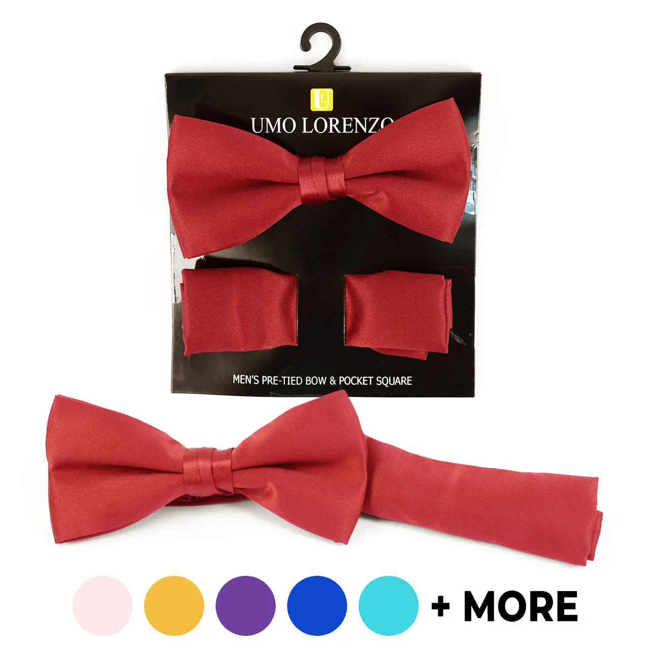 Umo Lorenzo Men's Poly Satin Banded Bow Tie & Hanky Set - Black Bowtie Option, Design Handkerchief, 22 Color Choices for Formal Attire, Male, Bow Decor, Ceremony, Formal Events, Adjustable Band, Pre-Tied, Polished Look, 22 Vibrant Color Options, Business,