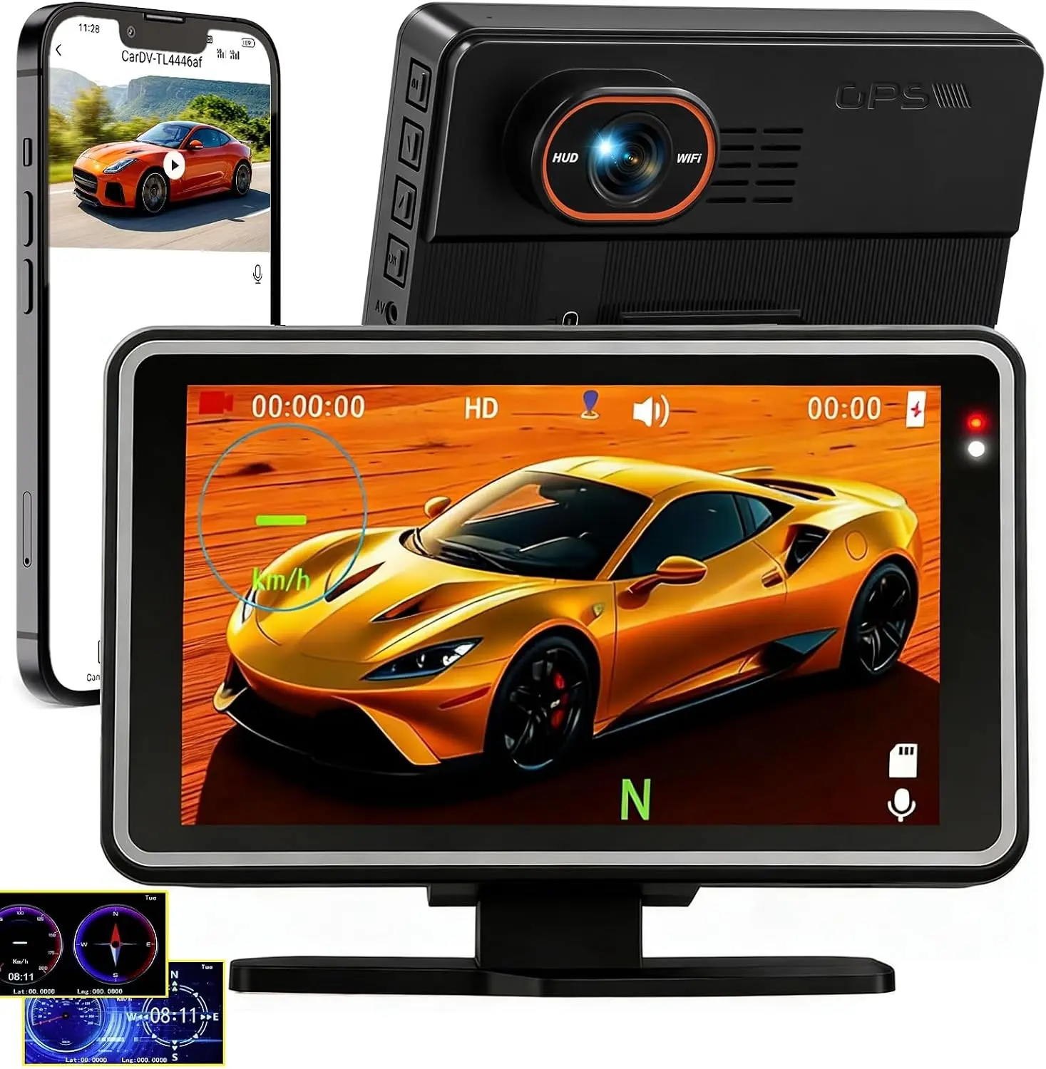 Podofo WiFi Front Dash Cam for Cars, 1080P Driving Recorder with 5" IPS Screen, Head-Up Display (HUD), Wide Angle, Loop Recording, Speed Monitor, Compass, Overspeed Alarm