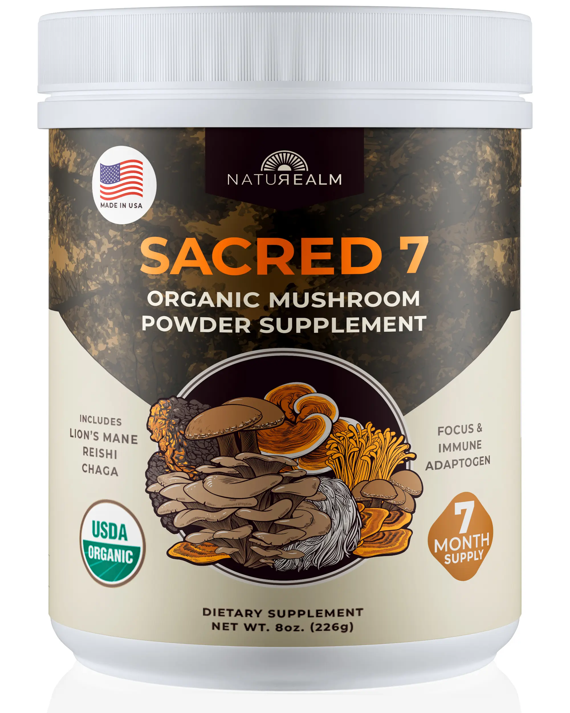 Naturealm Sacred 7 Mushroom Extract Powder – 7-in-1 Organic Blend, Lion's Mane Reishi Chaga Cordyceps – 100% Fruiting Body, USDA Organic, Non-GMO Vegan – 8 oz