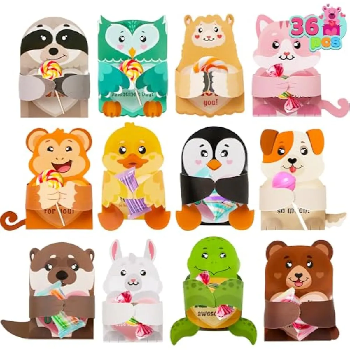 36 Pcs Valentines Day Gifts Cards with Animal Designs,Valentines Greeting Cards Candy Holder Cards for Kids, Valentine Classroom Exchange Cards Party Favors (Cards only)