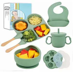 Baby Feeding Set Silicone, BabyLed Weaning Supplies with Suction Plate and Bowl, Spoon, Fork, Waterproof Bib, Cup & Complementary Food Cake Mold