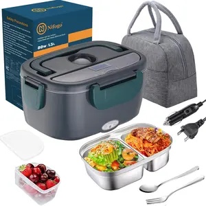 Square Black Electric Lunch Box 80W High Power Portable Food Heated Warmer 1.8L Stainless Steel With Display Screen 12V 24V 110V Multi Voltage Leak Proof Food Container For Car Truck Work Office Camping
