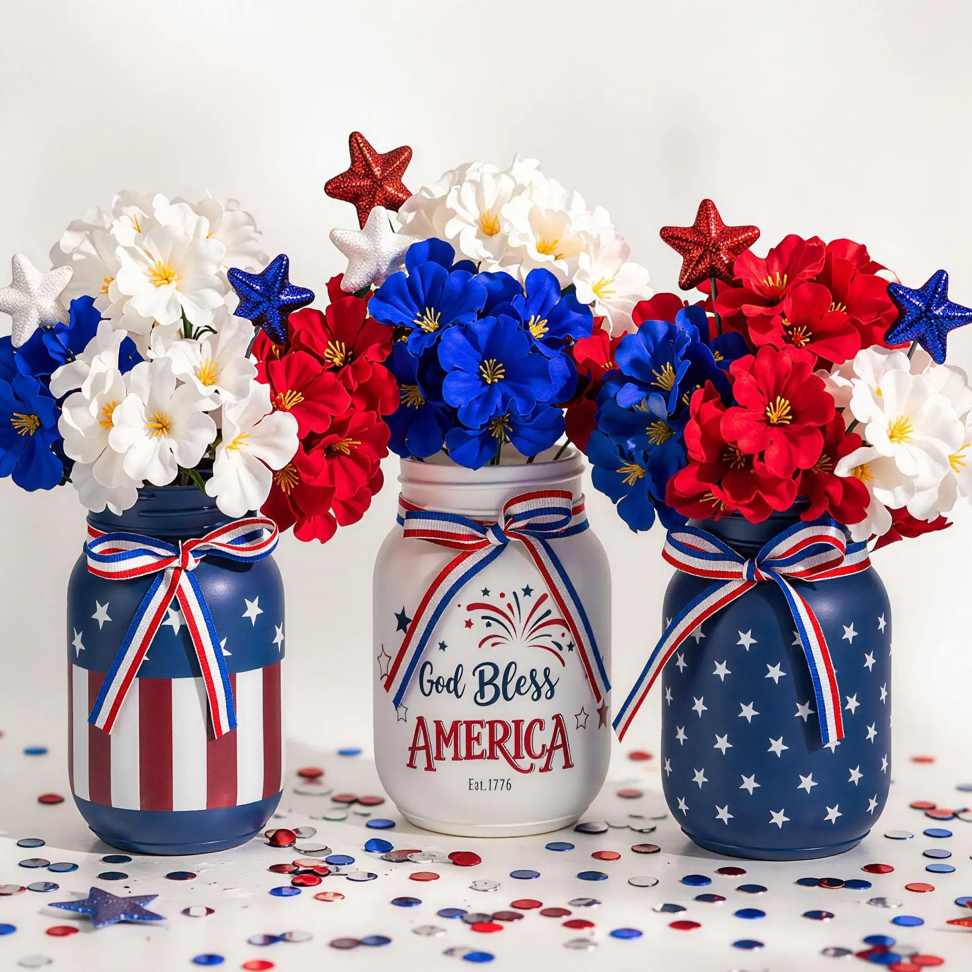 3Pcs Red White Blue Decorative Glass Flower Vases Set with Artificial Flowers, Star Picks & Flag Accents - Outdoor/Indoor Floral Centerpiece Vases for 4th of July Independence Day Home Table DIY Decor, Decorative Vase, Table Centerpieces
