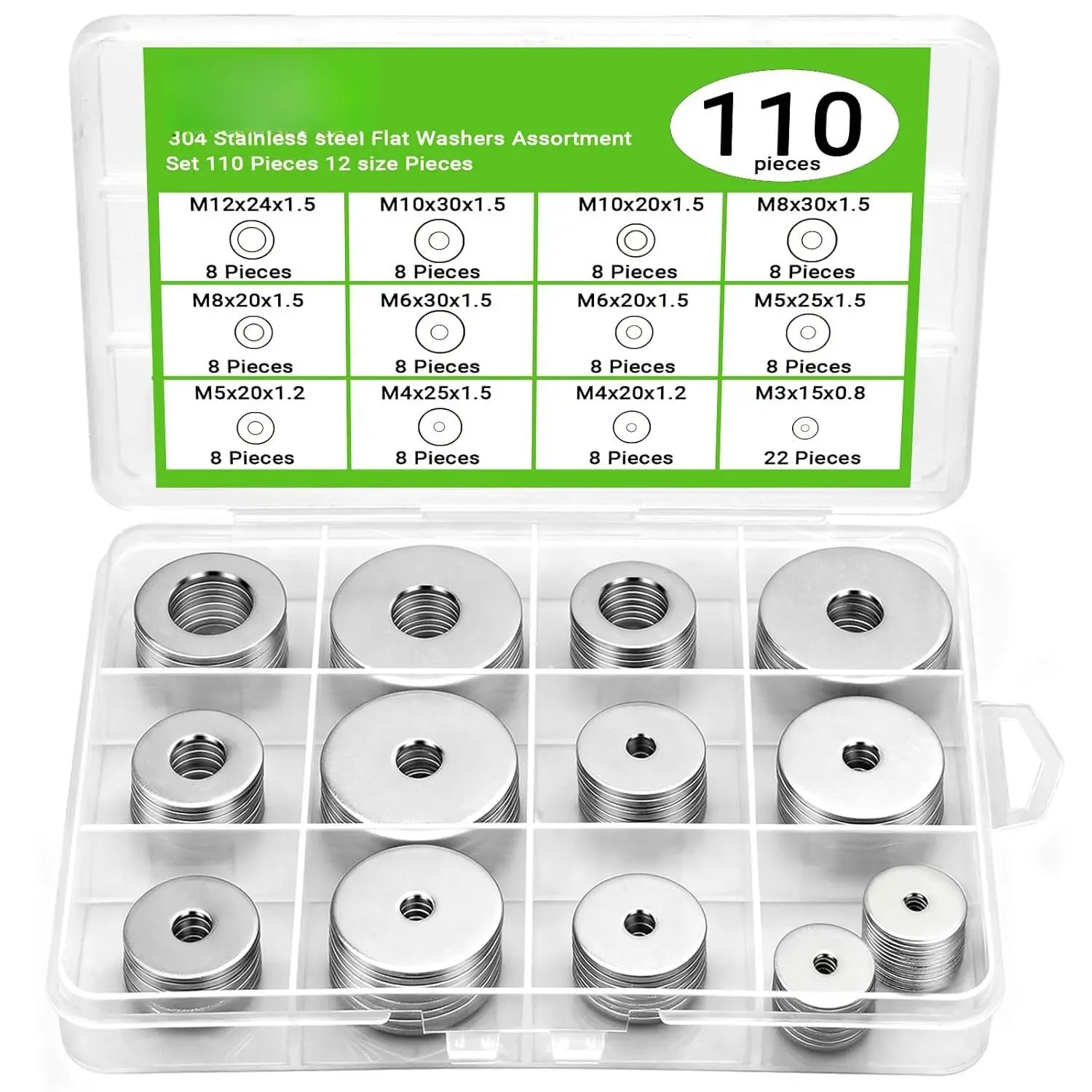 304 Stainless Steel Flat Washers Assortment Kit - 110 Pieces, 12 Multi-Size (M3-M12) Set for Heavy Duty Fastening, Mechanical Use, Load Distribution, 12 Sizes