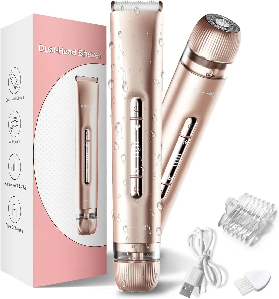 Painless 2 In 1 Dual Head Electric Bikini Hair Trimmer IP7 Waterproof Wet Dry Shaver Type-C Charging Full Body Facial Armpit Leg Bikini Area Hair Removal for Women