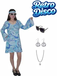 6 Piece Set Women's 70s Retro Disco Print Dress, Vintage Hippie Blue Dress, Includes Headband, Glasses, Earrings, Necklace, Halloween Costume