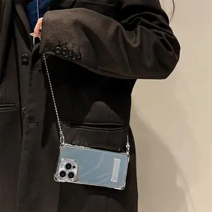 Electroplated Silver Four Corner Mirror Chain Crossbody Phone Case with Bracket, Phone Accessories Compatible with iPhone 11 12 13 14 15 16 Pro Max, Casing