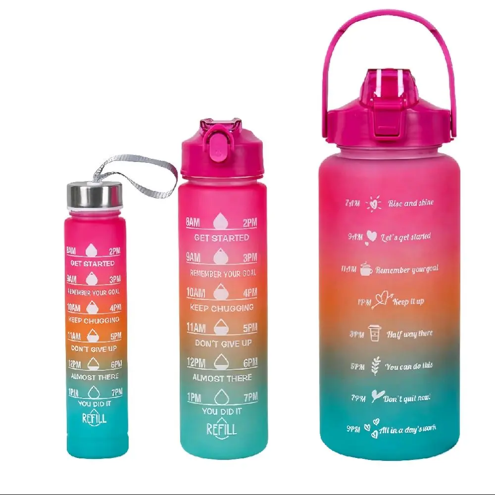 3-Pack Gradient Sports Water Bottles, 64/25/9 oz BPA-Free Leakproof Set with Motivational Time Marker & Straw for Gym, Cycling, & Fitness Hydration, Leakproof Sports Bottle, Swimming, Gym Water Bottle