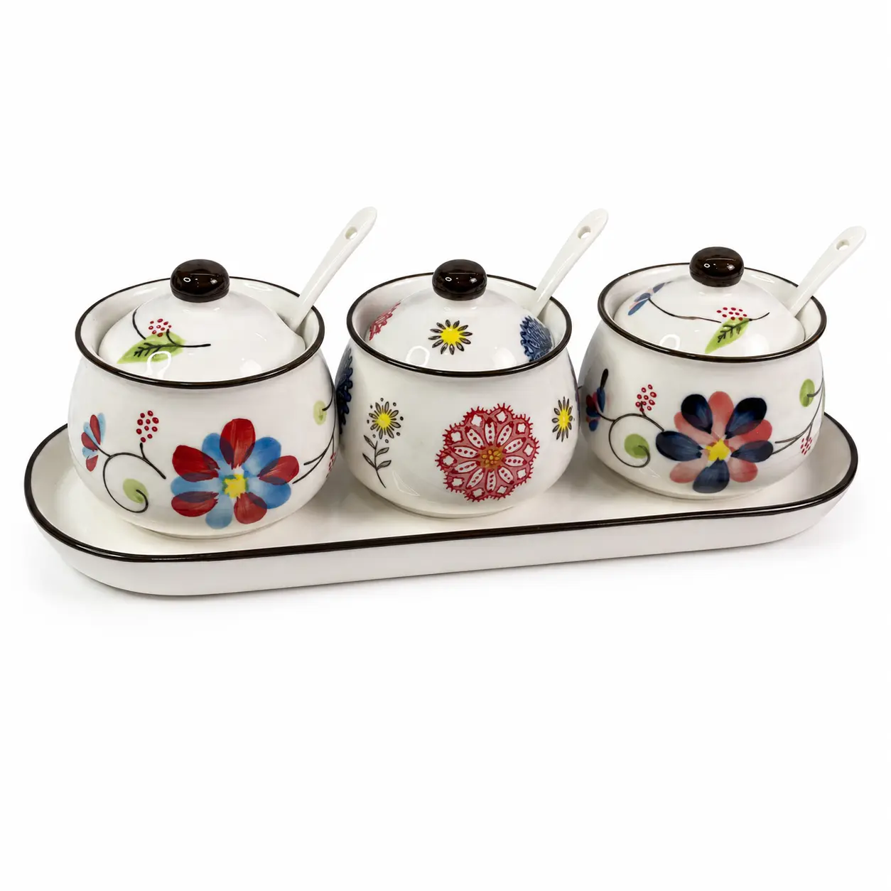 3-Piece Vintage Funky Floral Ceramic Condiment Jar Set with Lids, Tray & Spoons, Kitchen Counter Containers for Sugar & Seasonings, Kitchenware Utensils Supplies