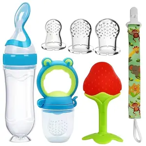 Baby Feeding Set, 7 Counts/set Including Newborn Milk Water Bottle, Silicone Feeding Bottle with Spoon, Squeeze Food Spoon Feeder, Nipples, Pacifier Holder, Travel Essentials for Baby