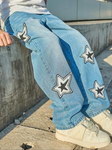 men's star print straight leg jeans, loose casual comfy denim pants for daily wear, fashion men's oversize bottoms for all seasons, baggy jeans for men, pants for men, streetwear, jeans for men, cotton, oversized menswear, western relax jeans