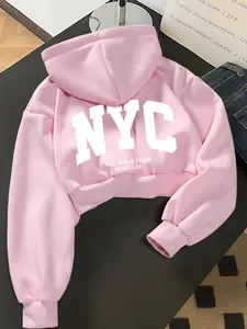 Women's Casual Loose-Fit Long Sleeve Hoodie, Letter Print Short Sweatshirt, Thick Fabric, All Seasons Wear, Sweet & Youthful Style