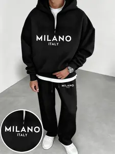Men's Milan Letter Pattern Casual Sportswear Set, Includes Half-Zip Hoodie and Straight Leg Pants, Fall & Winter Comfortable, Sweatsuit Matching Set