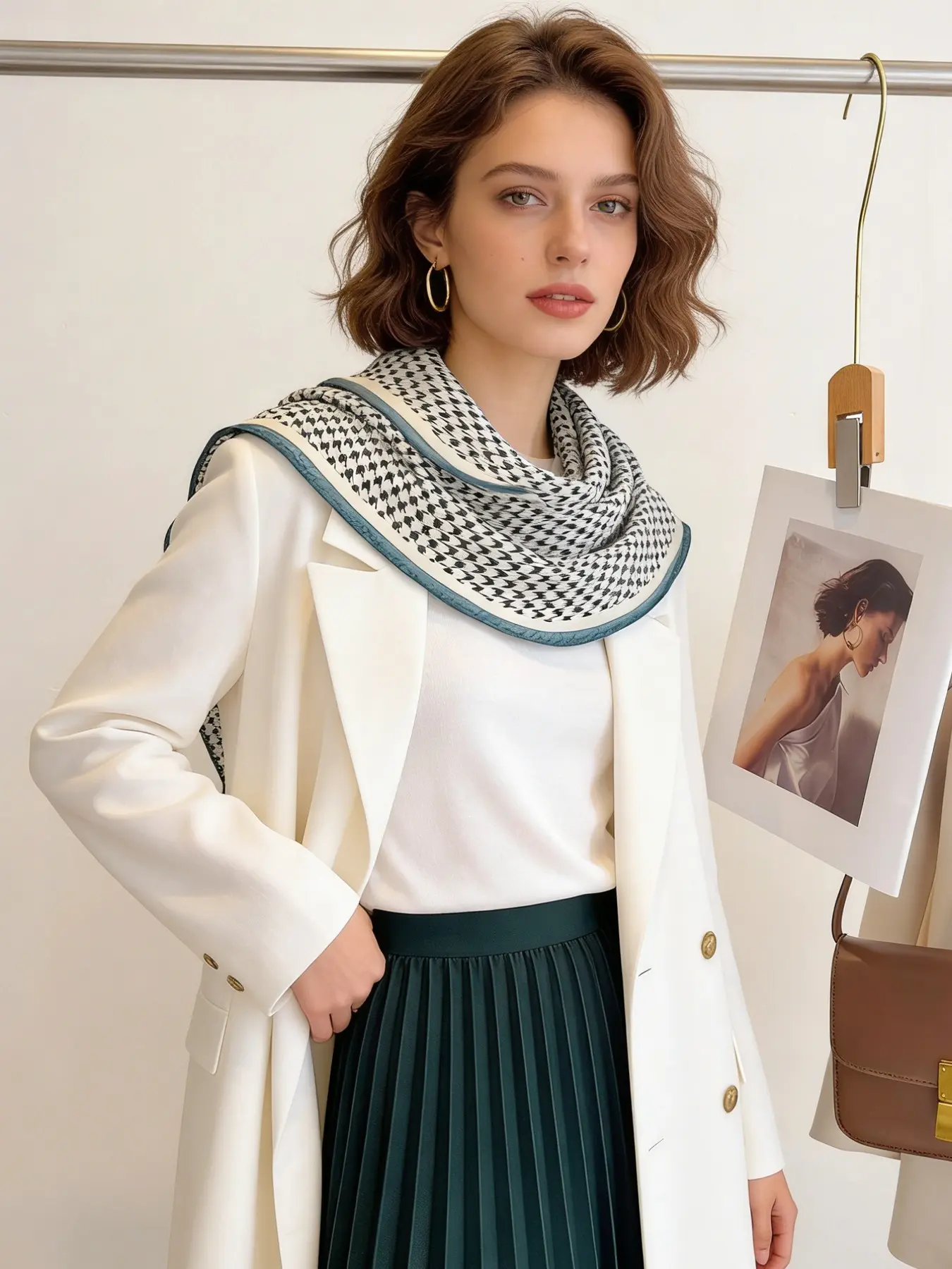 Classic Checkered Print Diamond Silk Scarf for Spring Summer, Versatile for Daily Office Vacation Wear, Stylish Accessory