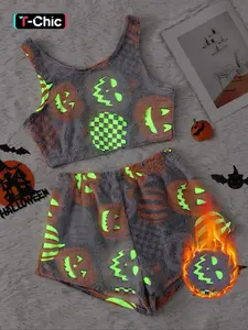 Women's Halloween Flannel Pajama Set, Cozy Loungewear, Glowing Pumpkin & Ghost Print Tank Top & Elastic Waist Shorts, Winter Nightwear