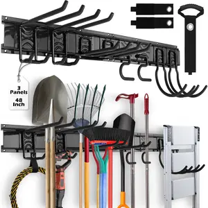 Sedy 48" Heavy Duty Garage Wall Organizer, Wall Mount Tool Storage Rack with Adjustable Hooks, Garden Tool Organizer Hold Up to 300lbs, Easy Installation (3 Panels, 8 Hooks, 3 Straps)