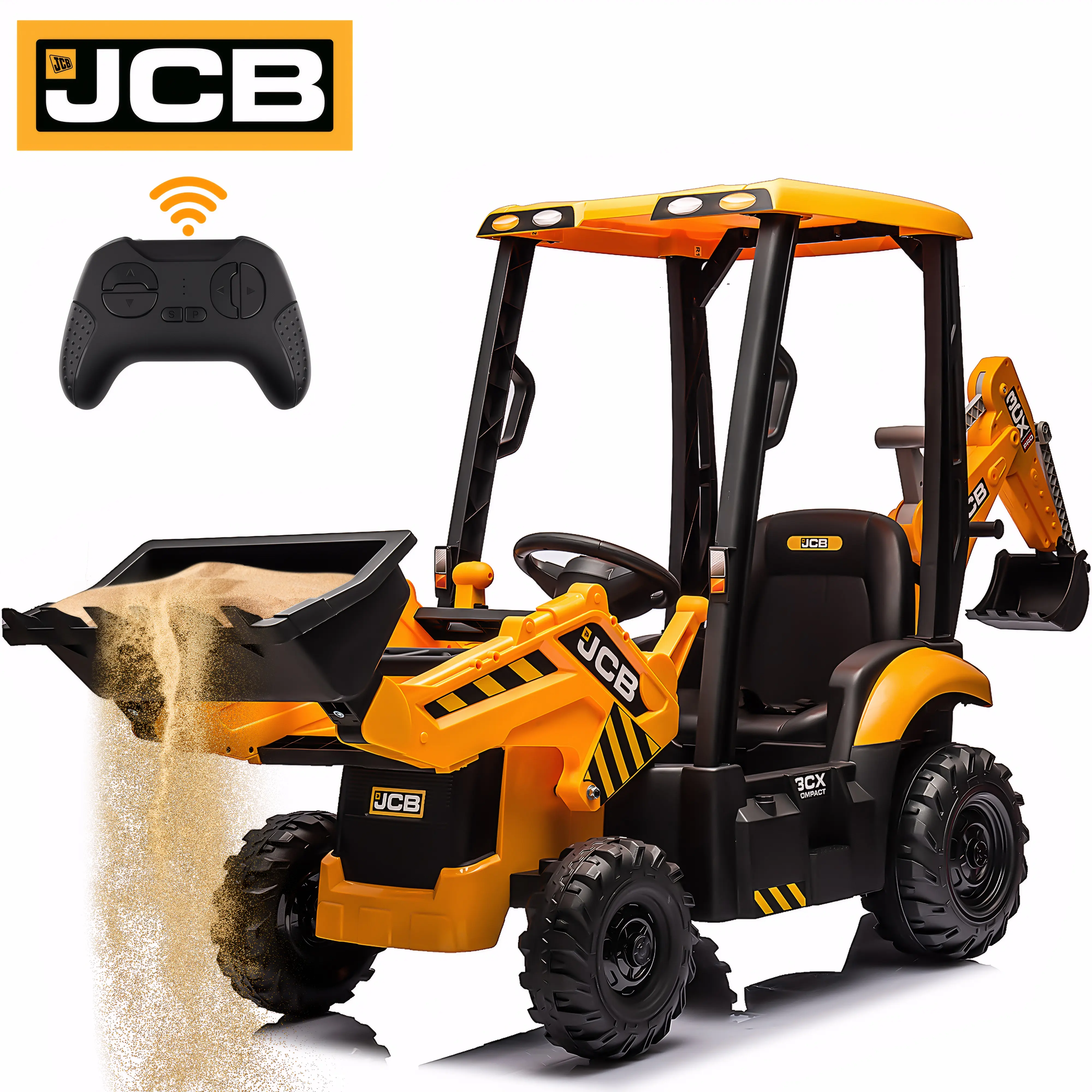 First Ride On 12V Kids Ride on Backhoe Digger Toy Cars, JCB Lisenced Battery Powered Electric Excavator with Remote Control, Ride on Excavator Truck w/Adjustable Front and Back Loader for 3-6 Kids, Black Friday& Cyber one , Best Christmas Gift for Kids