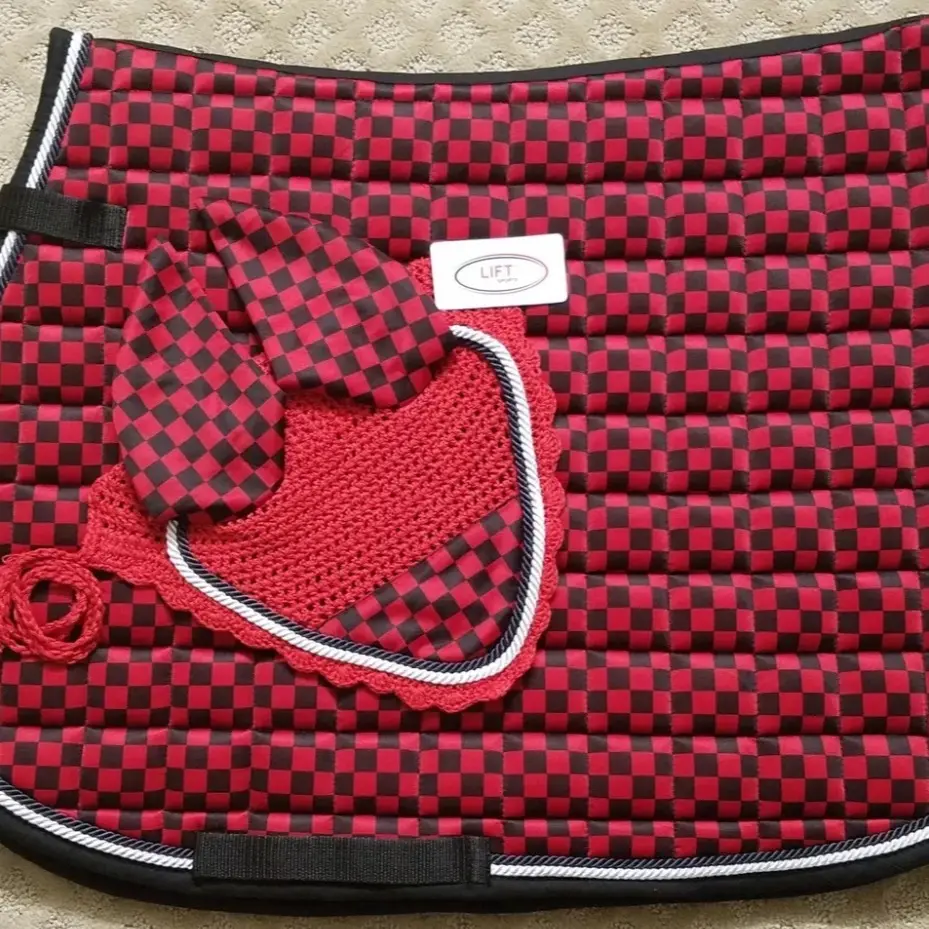 New Polyester Horse English Saddle Pad Set with Matching Fly Bonnet Veil Ear Net