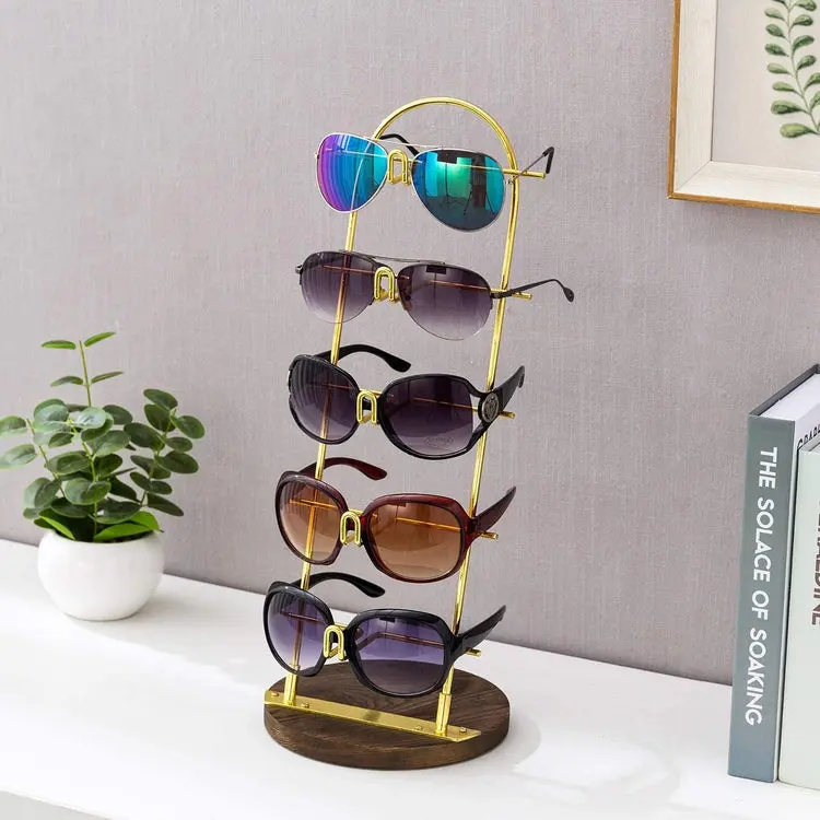 5-Tier Gold Metal Sunglasses Display Stand with Brown Wood Jewelry Holder Base, Retail Eyewear Rack