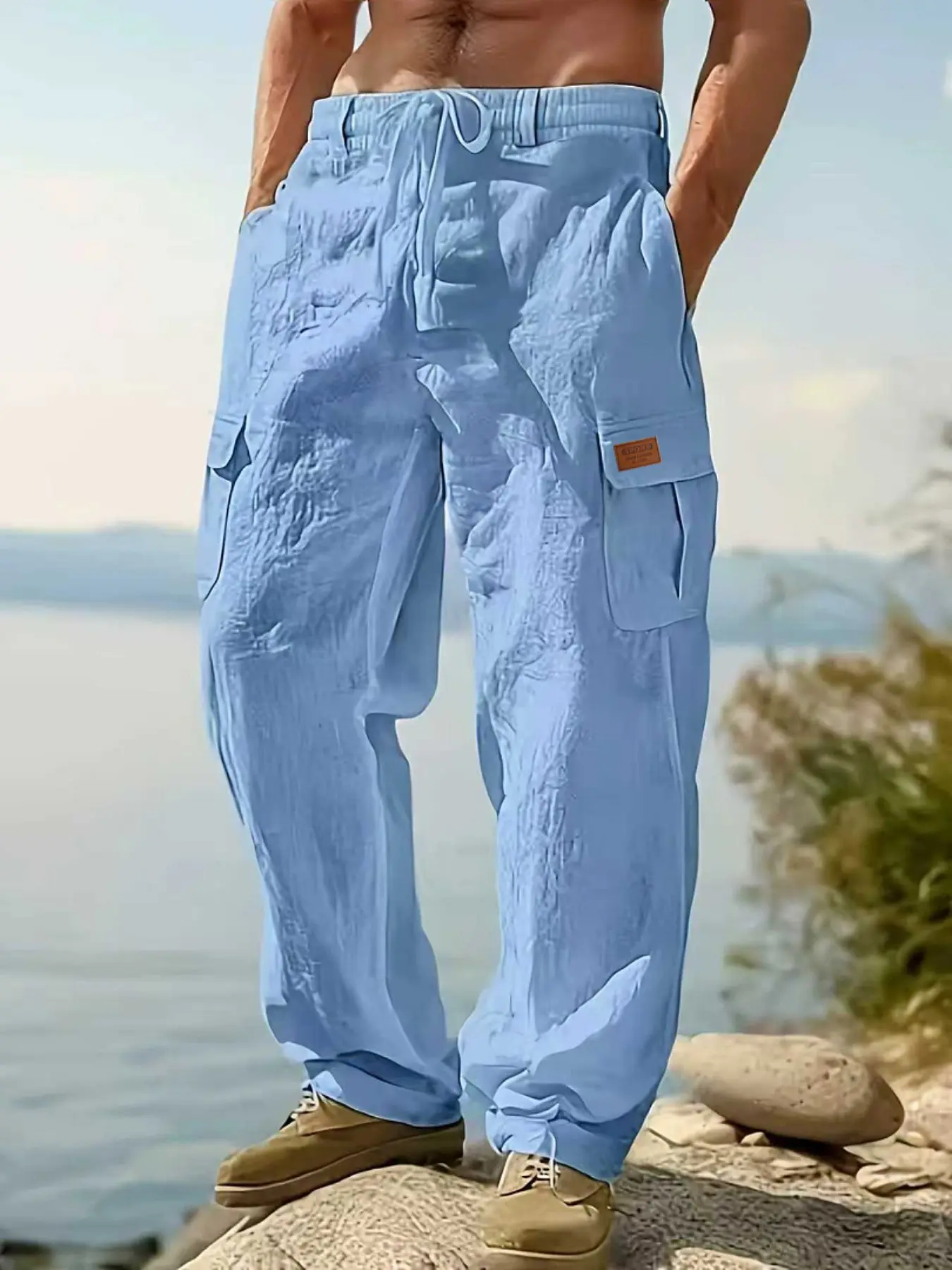 Men's Workwear Linen Pants, Drawstring Multi-Pocket Straight Leg, Plain Breathable Outdoor Beach Casual Long Trousers, All Purpose Pants, Spring & Fall, Menswear, Casual Travel Slacks