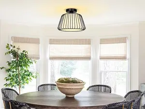 Serbasic Modern Black Chandelier Ceiling Light with White Fabric Shade Industrial Metal Cage Flush Mount Fixture with E27 LED Bulb for Bedroom Living Room Kitchen Dining Room Home Decor