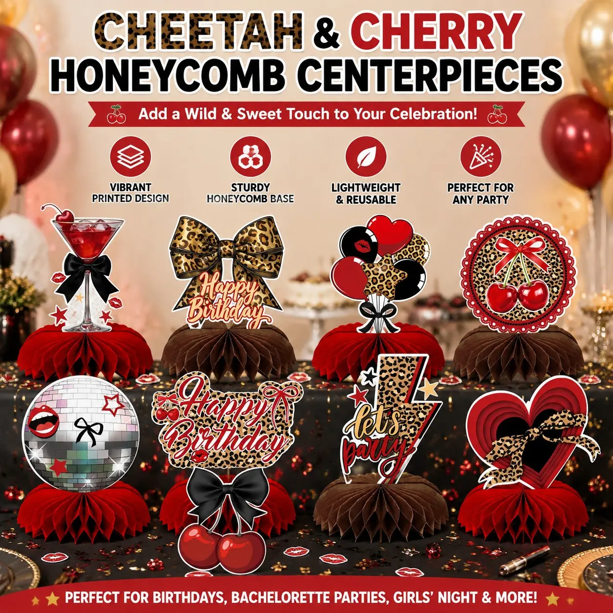 9pcs Cheetah Cherry First Birthday Party Decorations, Leopard Print Honeycomb Centerpieces, Y2K Style Table Toppers, Party Supplies