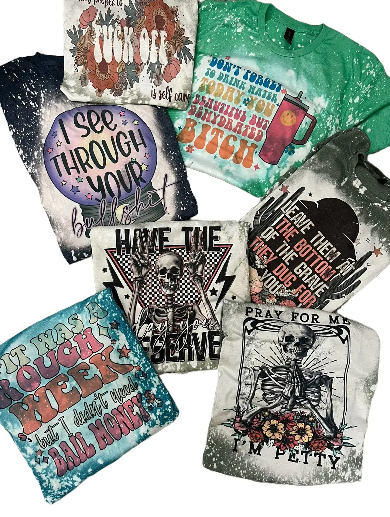 2 for 24 Women's Bleached Shortsleeve Tshirt Bundle (2 for 24) - Custom Category Pick (Petty, Mama, Faith, Spooky, Horror) - Graphic Print, Loose Fit, All-Season, Machine Washable, Stylish Jeans Pair - Cute Tops, Plus Size Fashion, Women's Tops
