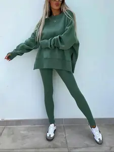2026 Women's Loungewear 2 Piece Outfit, Oversized Crewneck Sweatshirt & Ribbed Leggings Set, Soft Cozy Long Sleeve Pullover + High Waist Tights, Casual Athleisure Tracksuit for Daily, Street & Travel, Womenswear