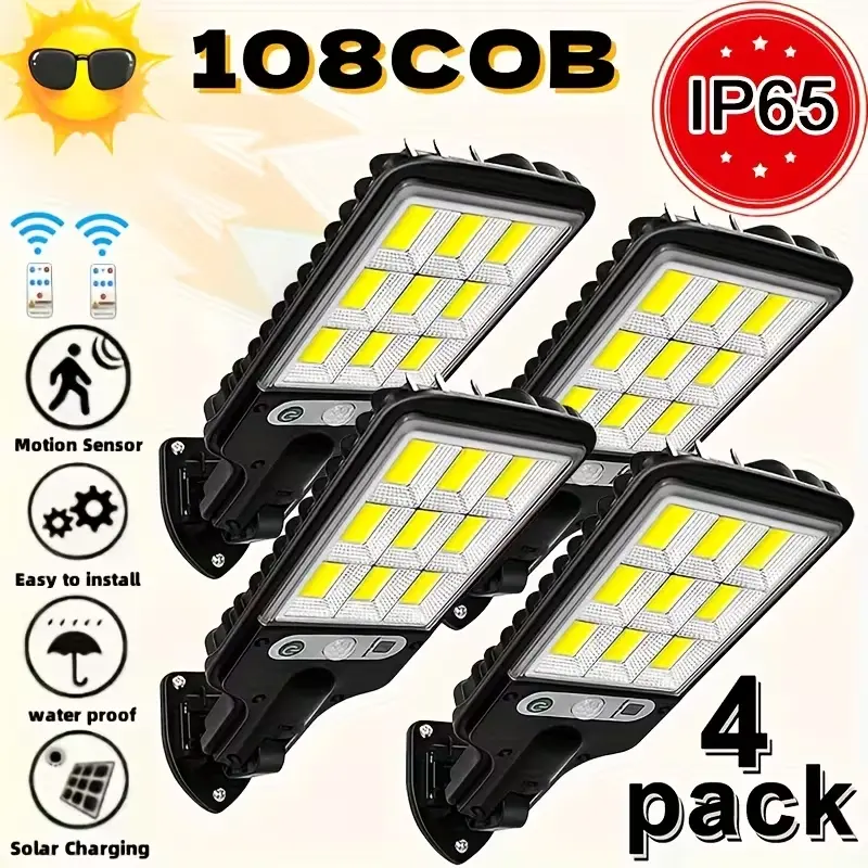 Solar Outdoor Lights, 4-Pack 6000 Lumens 108COB LED Solar-Powered Motion Sensor Wall Lamp - IP65 Waterproof, Remote Control, Durable Security Light for Outside Wall, Garden