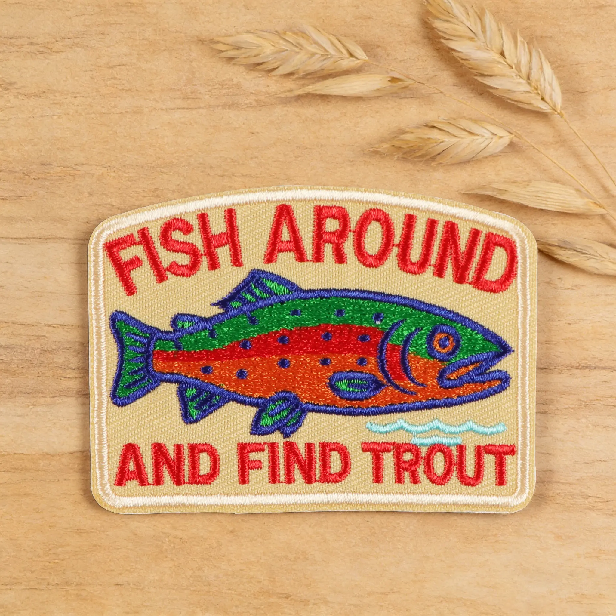 Fish Around and Find Trout Embroidered Patch, Back Adhesive Iron-On, Suitable for Clothes Jackets Hats Accessories, Fishing Enthusiasts Embroidery, Embroidery Patches