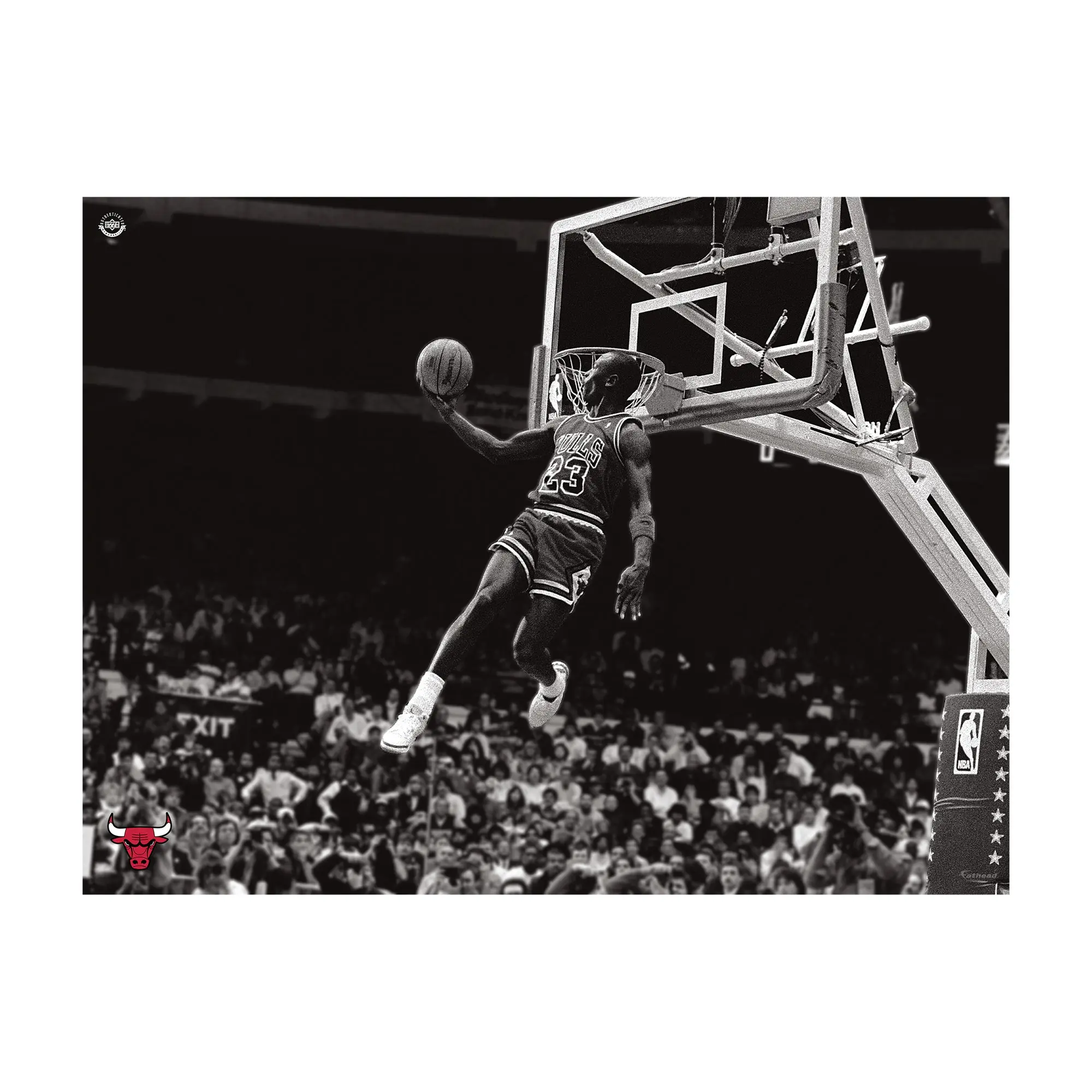 Official NBA Chicago Bulls Michael Jordan Black-White Reverse Dunk Peel & Stick Vinyl Wall Decal - Reusable Room Decor, Wall Decor, Bold Bulls Logo Sticker Deco, Collectibles Home Art Print, Bedroom