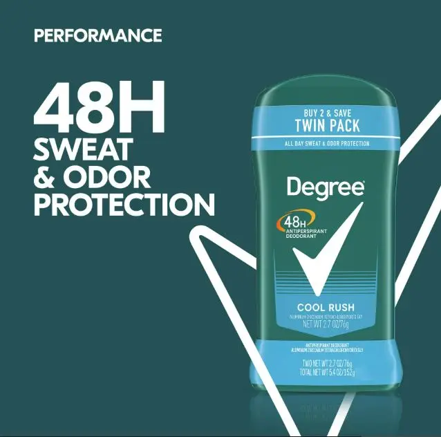 Degree Men Original Antiperspirant Deodorant for Men Cool Rush Twin Pack 2.7 oz 48 Hour Sweat and Odor Protection Crisp Arctic Scent Alcohol Free