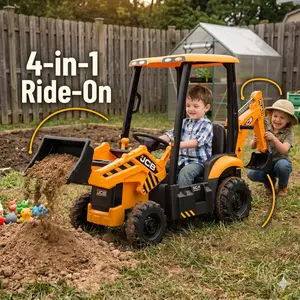GARVEE 4-in-1 Remote Control Kart Kids' Ride-On Tractor - 12V Battery, Excavator/Bulldozer/Front Loader Attachments, Removable Tent, Horn, EVA Tires (White, Red, Yellow)