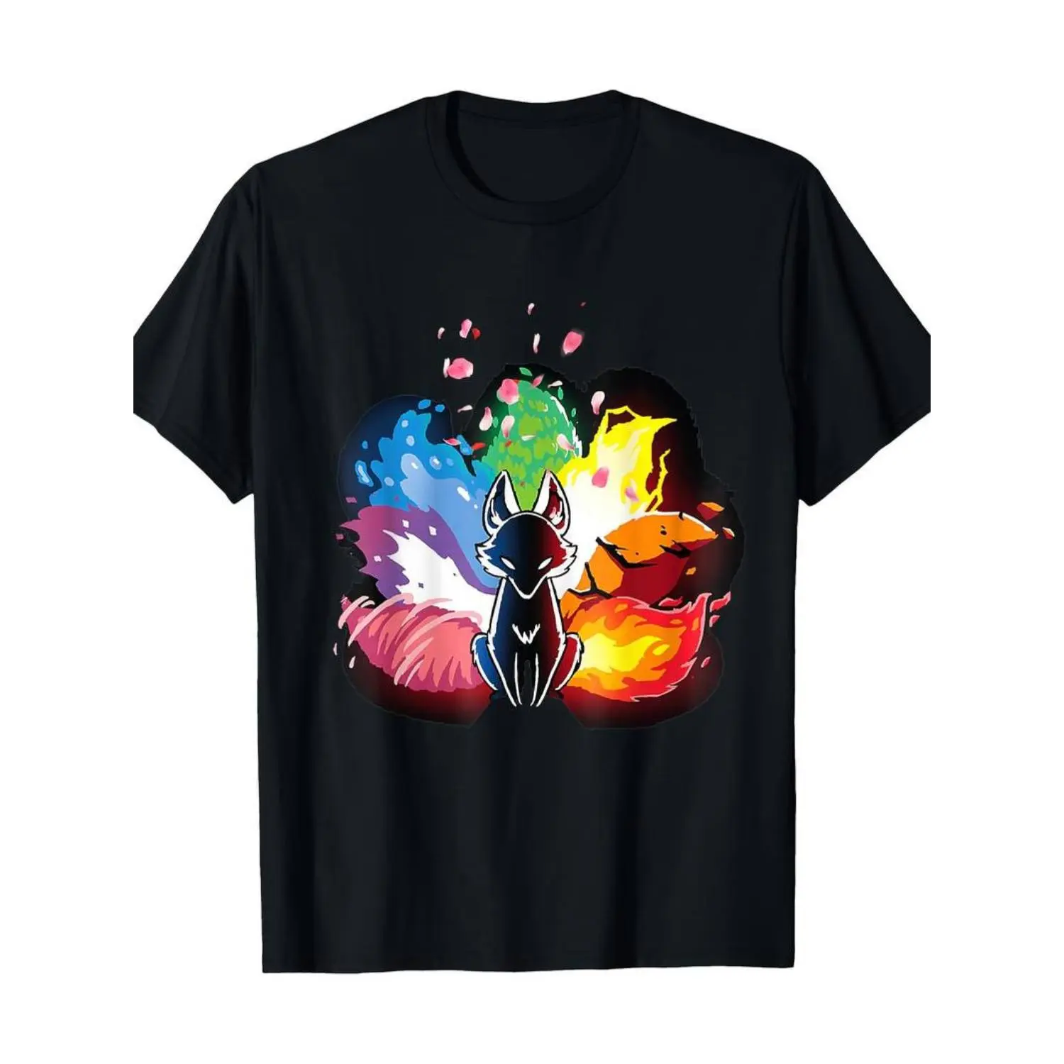 Summer t Shirts Japanese Fox Kitsune Seven Elements Cherry Flower Blossom T-Shirt-100% Cotton
